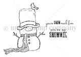 Red rubber stamp image of the tall top-hat snowman with cardinal plus both snowmie sentiments