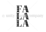 Red rubber itty bitty stamp of bold 'FA LA LA' lettering filled with tiny holiday icons.