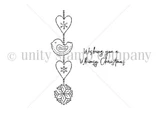 Red rubber itty bitty stamp of a hanging string of ornaments (heart, bird, snowflake) with 'Wishing you a Whimsy Christmas'.