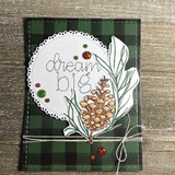 Card with the pine branch and cone colored in green and tan, popped over a white scalloped circle stamped 'dream big', on a dark green buffalo plaid panel with twine and orange sequins.
