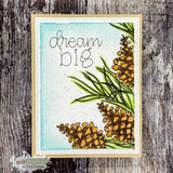 Card with pinecones and needles colored in green and golden brown across the lower corner of a blue blended panel, 'dream big' lettered at the top left.