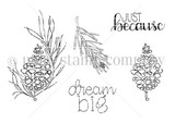 Whispering Pines red rubber stamp set from Unity Stamp Co, black line art of a long pine branch with a full pinecone, a bare needle sprig and a small pinecone bud on a twig, beside the hand lettered sentiments 'Just because' and 'dream big'.
