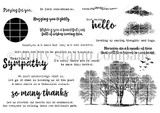 The No Better Words red rubber sentiment kit by Lisa Arana: trees, clouds, and sixteen caring sentiments from 'just saying hello' to 'so many thanks.'