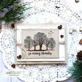 Kraft card with the tree line and 'so many thanks' over a doily with tiny heart accents.