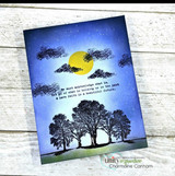 Night-sky card with the trees, clouds, and a yellow moon, and a sentiment about faith in a beautiful future.