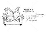 Line-art red rubber stamp of a gnome couple on a couch with "I love you" and "Gnome matter what."