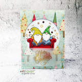 Card of the gnomes on a couch in a snowy winter scene with "OH what fun."