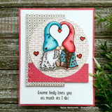 Handmade card made with Unity Stamp Co’s Gnomeo & Juliet red rubber stamp set — two gnomes leaning together so their tall hats form a heart — stamped and colored, with the sentiment “Love the gnome you are with”.