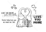 Gnomeo & Juliet red rubber stamp set from Unity Stamp Co — two gnomes leaning together so their tall hats form a heart — shown on the black-line stamp sheet with sentiment stamps including “Gnome body loves you as much as I do!” and “Love the gnome you are with”.