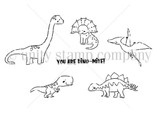 Black-and-white line-art stamp set of cheerful cartoon dinosaurs - brachiosaurus, stegosaurus, T-rex, triceratops, and pterodactyl - with the sentiment 'you are dino-mite!'