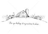 Line-art stamp of a barn, silo and farmhouse landscape with 'Rise up darling, it is your time to shine.'