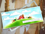 Slimline card with the barn on a green hill under a blue cloudy sky and the 'time to shine' sentiment.
