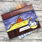 Card with the red barn under a night sky and yellow field and 'Hi chickadee!' with a hen.