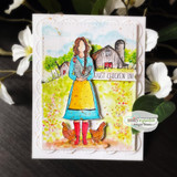 Card with the apron woman and barn in bright color and a 'just chicken in!' banner.