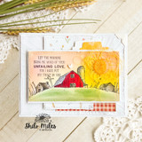 Card with the red barn and golden field and 'Let the morning bring me word of your unfailing love.'
