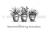 Black and white stamp sheet of three potted plants in clay pots with grassy and leafy foliage, above the sentiment 'Happiness blooms from within.'