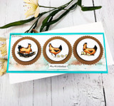 Slimline card with three circle-framed hens, 'Hi, chickadee!'