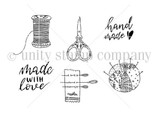 Stitched with Love stamp sheet: a thread spool, embroidery scissors, a fabric swatch with needles, a pin cushion, and the sentiments 'hand made' and 'made with love' in brush script.