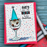 Jeanie Hays' gnome in a party hat sits in a wine goblet with 'party like it's gnome body's business,' a red rubber celebration stamp on a card.