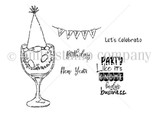 Line-art stamp sheet: Jeanie Hays' party-hat gnome in a wine goblet with 'Let's celebrate,' 'New Year' and 'Birthday' red rubber stamps, Unity Stamp Co.