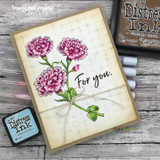 Kraft framed card on white wood with distress ink and markers, magenta carnations over a soft plaid panel, and "For you" stamped beside them.