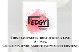 An EDGY Line label card noting this red rubber stamp set is adults-only, 18+ content.