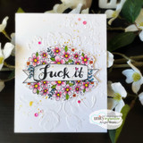 The floral wreath in pink and yellow on an embossed white card.