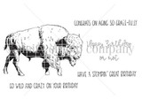 A red rubber stamp set of a buffalo on the prairie with punny birthday sentiments.