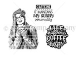 The Coffee Helps red rubber stamp set: line-art of a girl holding coffee with the sentiments 'Caffeine, it maintains my sunny personality' and 'Life happens, coffee helps'.