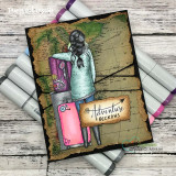Kraft card with a stamped girl in a raincoat holding a suitcase over the map, 'Adventure Program.'