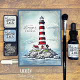 Lighthouse encouragement card with “You are stronger than the storm” sentiment and ocean scene.
