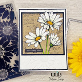 Handmade card with white daisies on a vintage dictionary background and the sentiment, “make today count.”