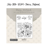 Unity Background of the Month July 2026 'Daisy, Defined.' (MBKG-067) daisy-and-dictionary-text background stamp with encouraging sentiments.