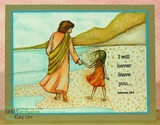 Softly coloured card with a turquoise sea, green hills and a sandy shore, the robed figure in gold and the little girl in a coral dress, framed in teal with "I will never leave you..." alongside.
