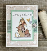 Handmade sample card using the White Winter papers — a stacked pile of cute cats with a merry Christmas cat greeting on soft green and tan snowflake paper.