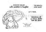 Sunshine & Laughter Gnome red rubber stamp sheet by Jeanie Hays: a gnome under a toadstool with 'Brighten your day with sunshine & laughter' and 'The sun will shine again.'