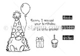 Happy Birthday Gnome red rubber stamp set in line art: a tall-hatted gnome holding a balloon, a cupcake, a wrapped present, and the word stamps “Happy,” “Birthday,” “Wishes” plus “Sorry I missed your birthday... if I'd only gnome.” Illustrated by Jeanie Hays.