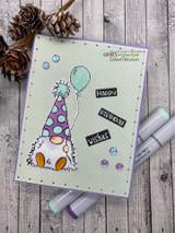 Soft mint card with enamel dots and markers: the gnome in a green polka-dot hat holds a mint balloon beside “Happy Birthday.”