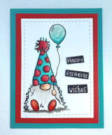 Teal and red framed card: the gnome in a red spotted hat holds a blue balloon beside “Happy Birthday Wishes” word blocks.