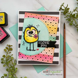 Handmade card made with Unity Stamp Co’s Criss Cross Hearts {background} red rubber background stamp — a full A2 background stamp of a criss-cross lattice filled with tiny hearts — layered behind the focal images and sentiment on this card.