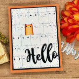Orange-bordered card with the cats and one orange cat peeking, 'Hello.'