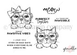 Love Kitties red rubber stamp sheet by Graciellie Design: kittens in heart-shaped glasses with 'Sending pawsitive vibes,' 'meow you been' and 'All things are pawssible.'