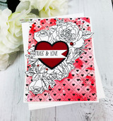 Card with the roses over a red heart-print background, stamped 'HUGS & LOVE' on a die-cut heart.