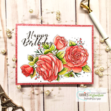 Card with coral roses over a red-splattered background, stamped 'Happy Birthday.'