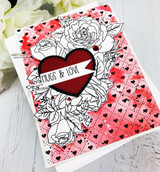Card with red roses and a heart banner reading 'HUGS & LOVE' over a heart-print background.