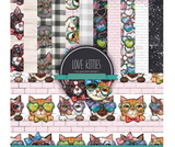 Love Kitties 6x6 paper pack — playful cats with heart eyes, cupcakes and buffalo-plaid prints in pink and pastel.