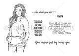 What If red rubber stamp set: a long-haired girl in a hooded sweatshirt with hands in her pocket, plus sentiments 'be what you are', 'You inspire just by being you', 'Thinking of you and how amazing you are' and 'What if it turns out way better than you could have imagined?'.