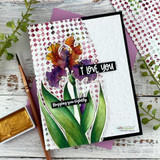 Card with a checkerboard-embossed panel and a black frame: the iris in orange and purple beside “I love you” and “Hugging you tightly.”