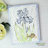 Card with a stamped script background: the iris in pale green and gray with a small gold “hello” die-cut.