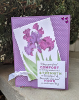 Purple polka-dot card with a torn white panel: the iris in orchid tones over the comfort-and-hope sentiment.